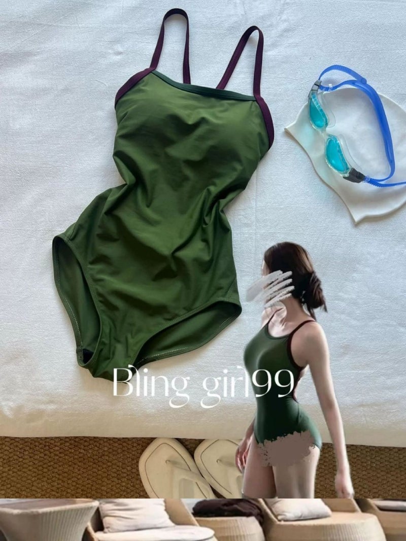 [Moss Green] Racing Swimsuit With Beautiful Back, High-End Whitening, Professional Sports Double-Layer Swimsuit With Breast Pads, New Summer Style